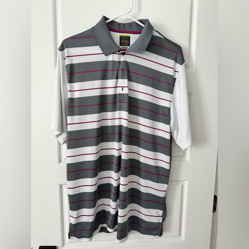 Greg Norman Polo Mens Size L Play Dry Short Sleeve Golf Shirt Fitted Stripe